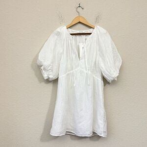 NWT FRAME Eyelet Puff Sleeve Mini Dress in White *Flawed See Desc*